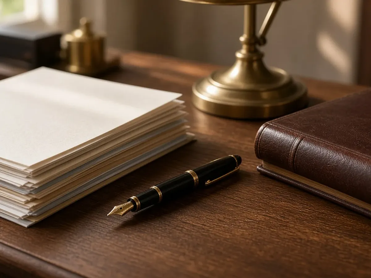 A desk with stacked papers, a fountain pen and a leather ledger.