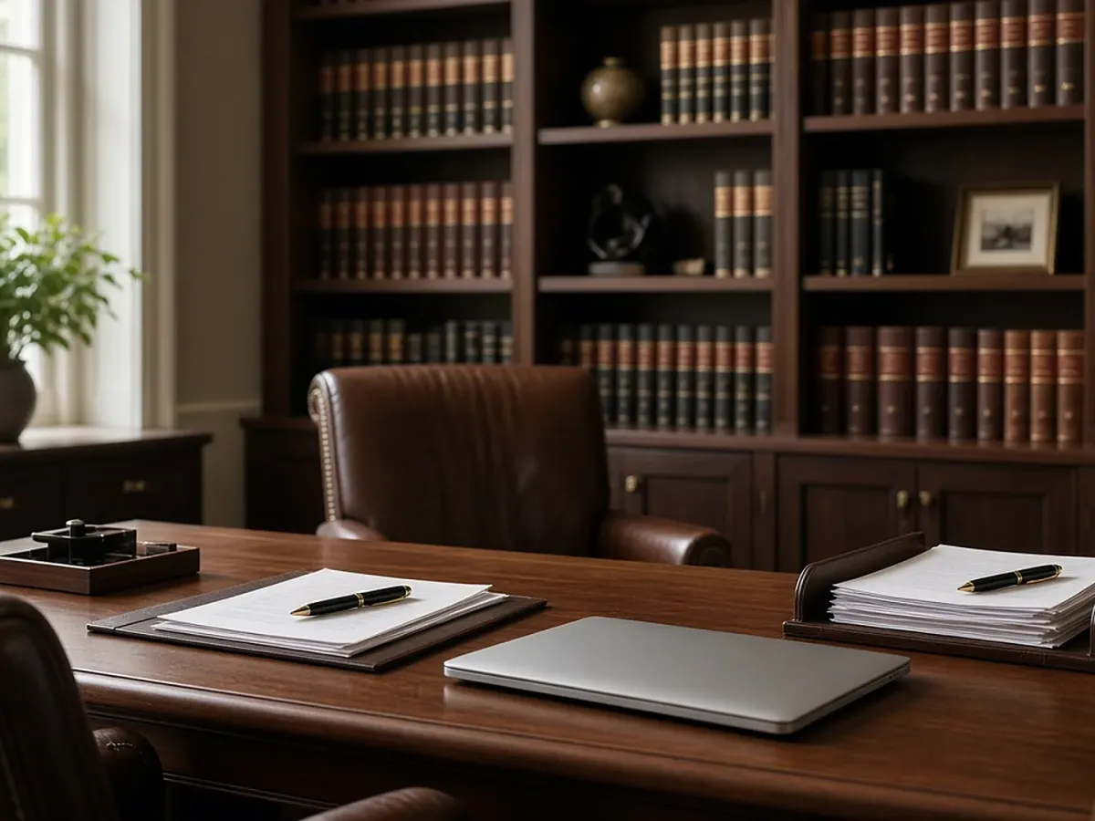 A wood-paneled law office with bookshelves, leather chairs and a desk with papers.