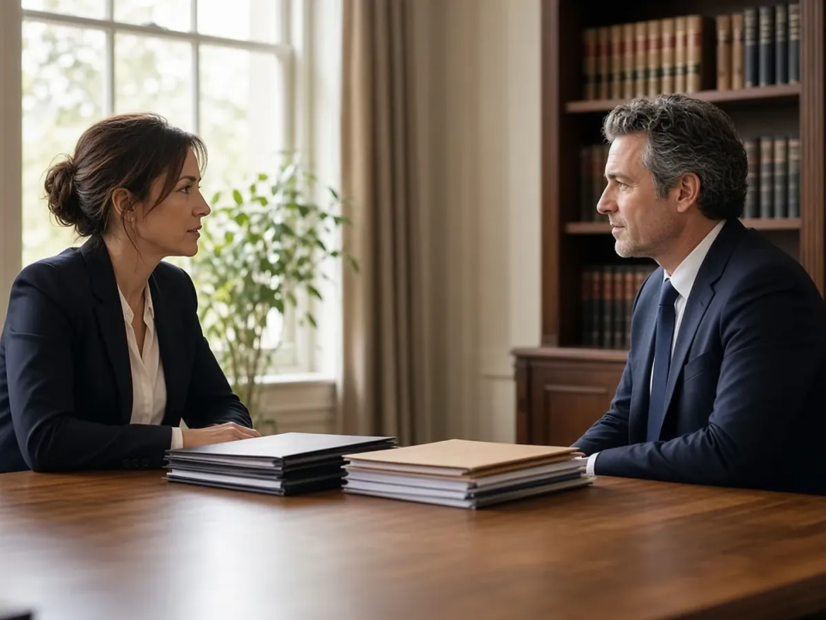 Two professionals talking across a conference table.